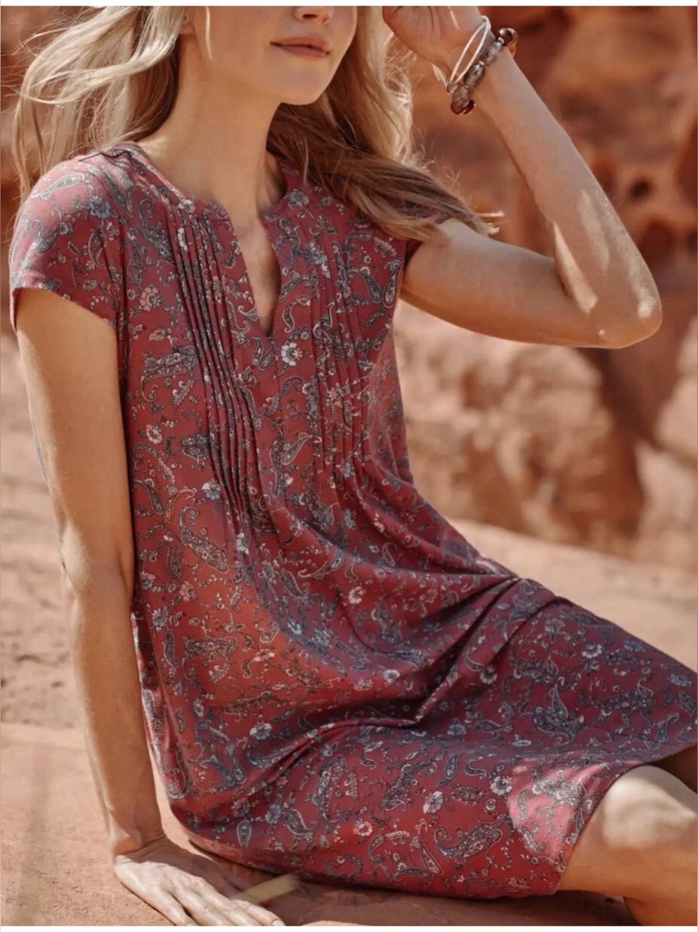 Jjill Paisley Pin-tucked Dress in Peach Subset| Size: L (14)